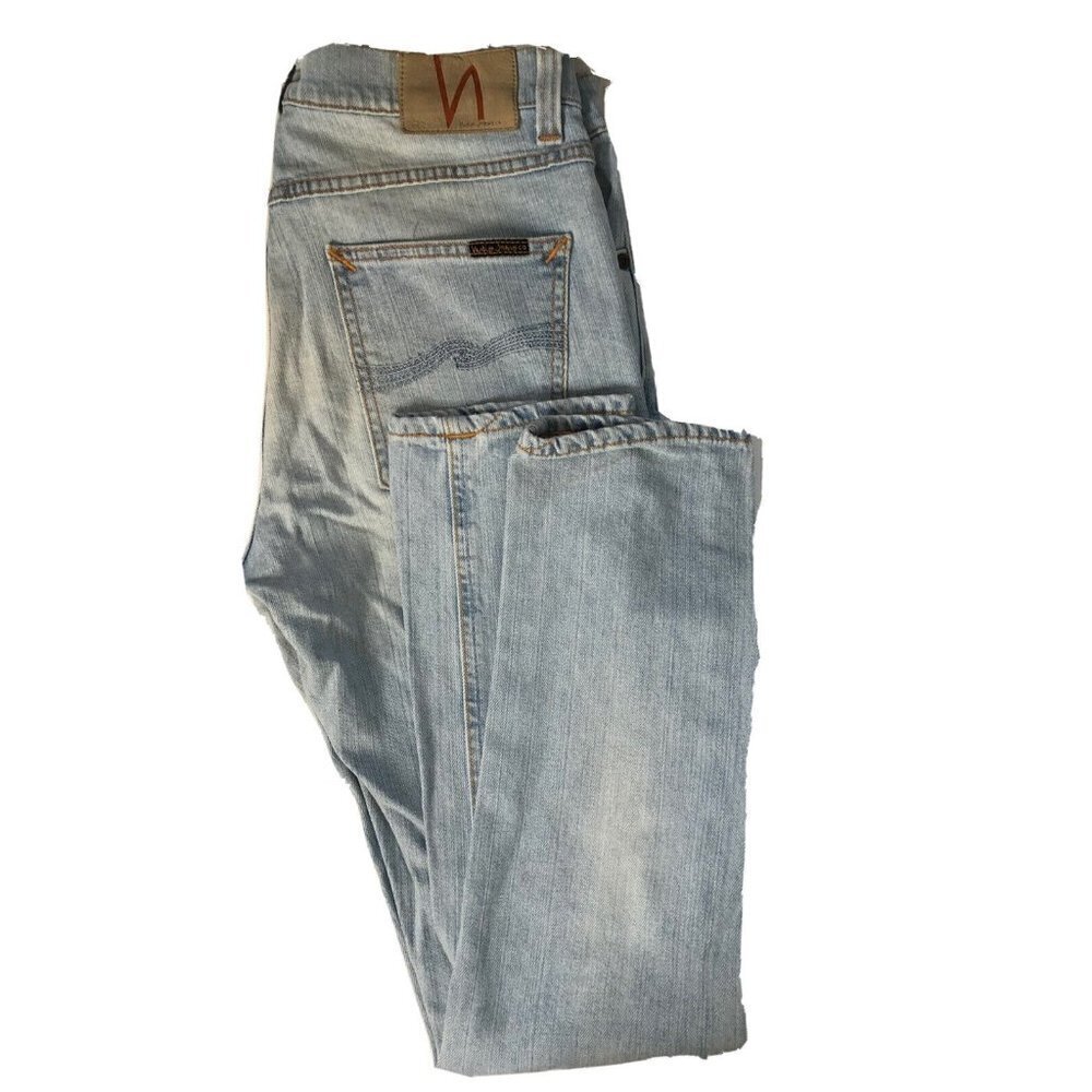 Nudie Jeans Lean Dean Mens 30x30‎ Blue Denim Jeans Skinny Patched